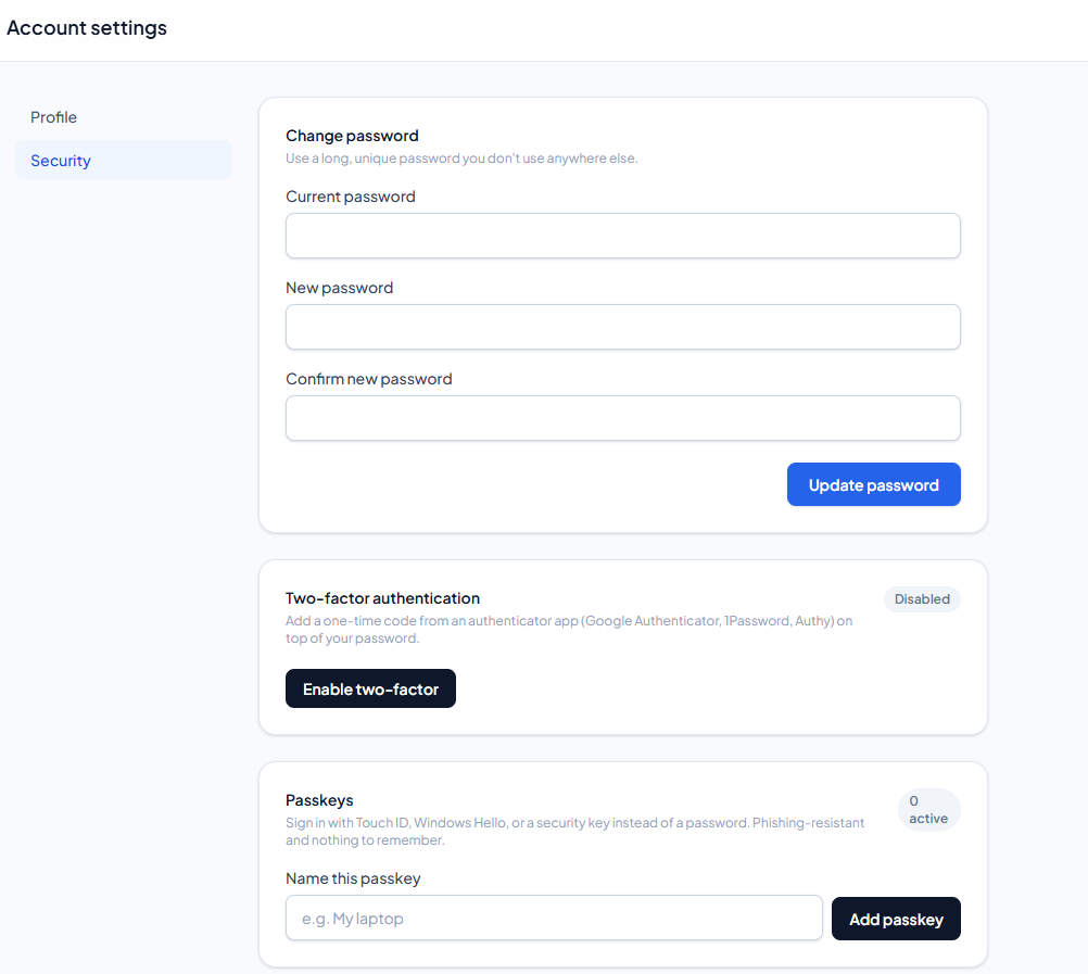Account → Security - two-factor setup and registered passkeys.