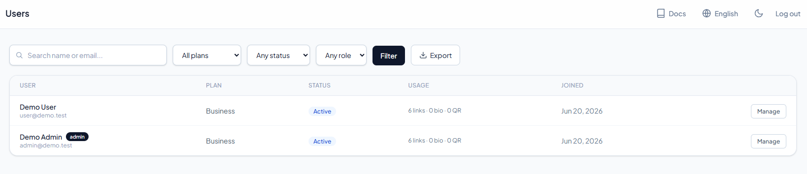 Admin → Users - searchable list with per-user actions.