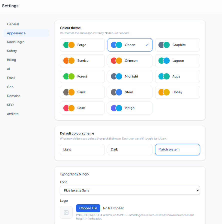 Appearance settings - logo and favicon upload, theme presets, custom code and footer.