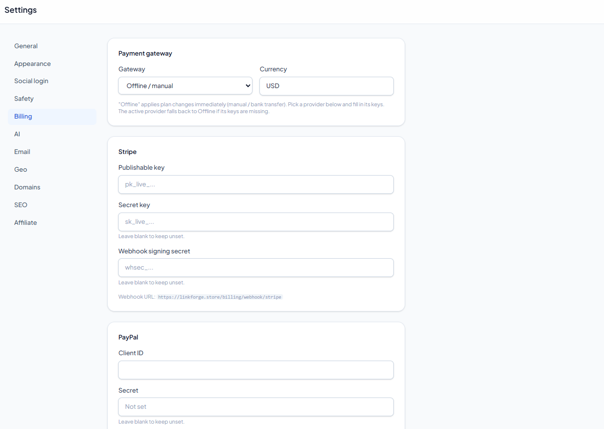 Billing settings - selecting a gateway reveals only that gateway's fields.