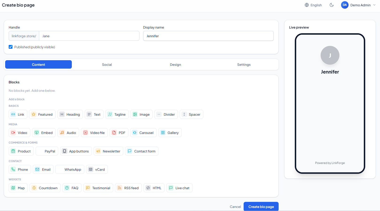 The bio-page builder alongside its live mobile preview.