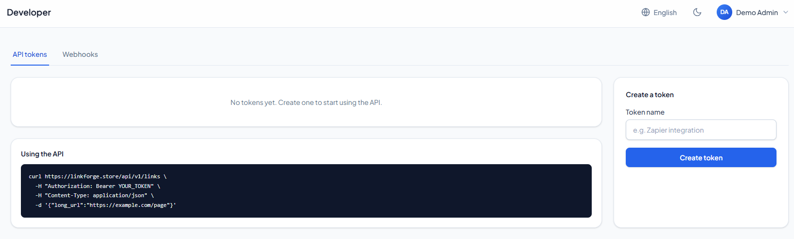 Developer hub - creating an API token and managing webhooks.