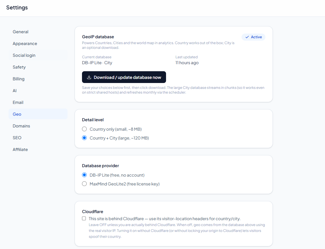 Geo settings - database status and one-click download of a city-level database.