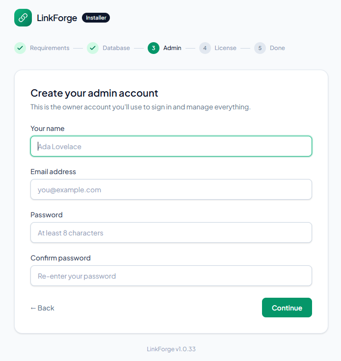Installer - creating the administrator account.