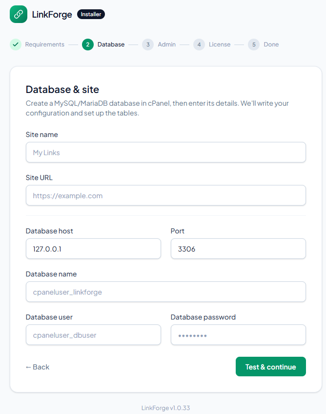 Installer - Database & site details, with the live connection test.