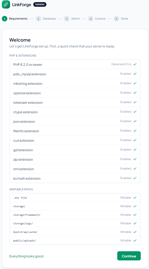 Installer - the Requirements check, showing PHP, extensions and writable folders.