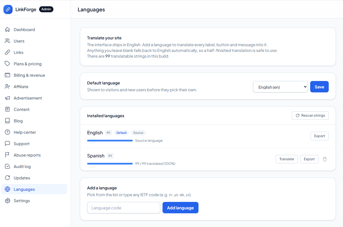 Admin → Languages - coverage bars and the translation grid editor.