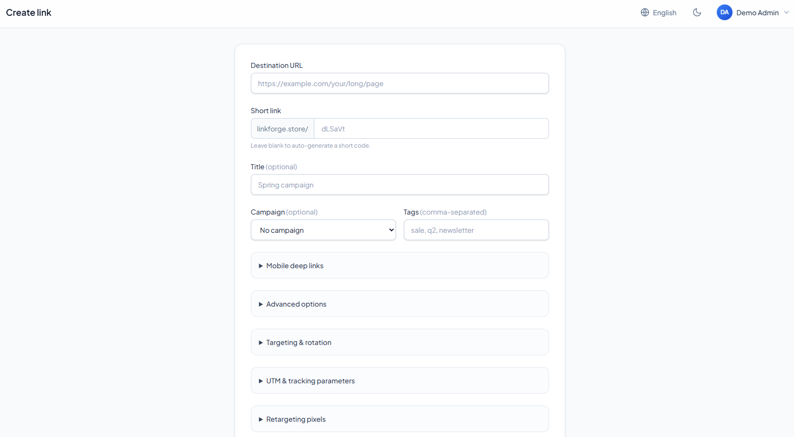 The link editor with advanced options, targeting rules and the UTM builder expanded.