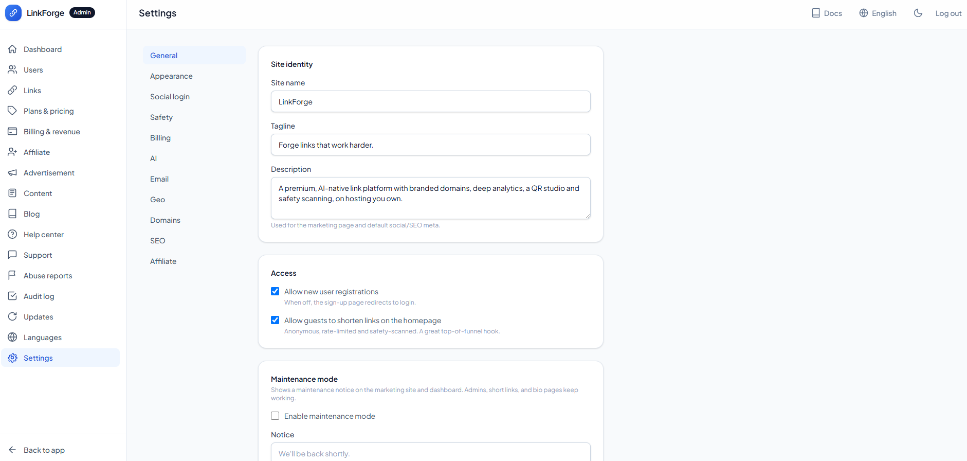 Admin → Settings, showing the tabbed configuration screens.