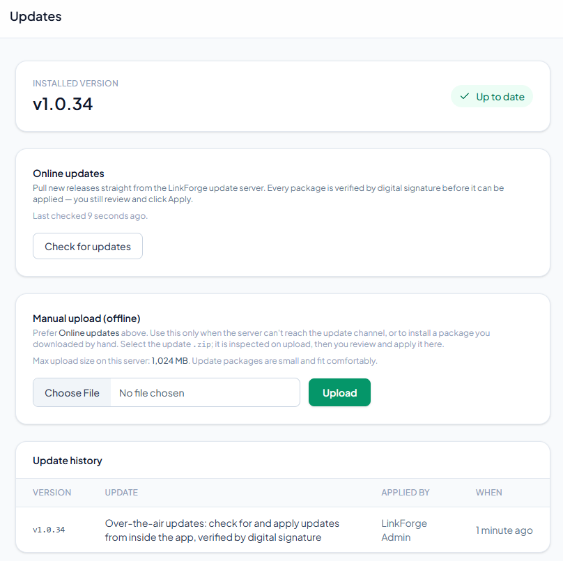 Admin → Updates - upload, review and apply an update package.